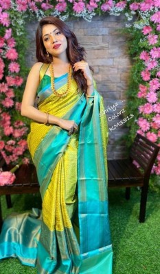 NITYA TEXOFAB Self Design Kanjivaram Art Silk Saree(Gold, Blue)