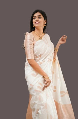 HouseOfCommon Self Design, Temple Border, Blocked Printed, Woven, Applique, Floral Print, Checkered Chanderi Jacquard, Art Silk Saree(Light Blue)