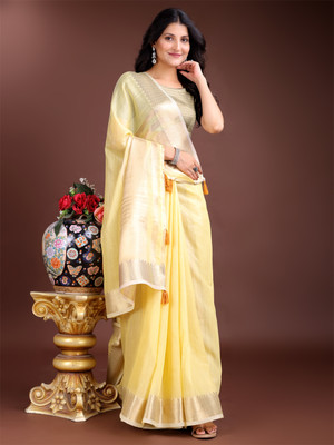 ASTITA Self Design, Solid/Plain Bollywood Cotton Blend Saree(Yellow)