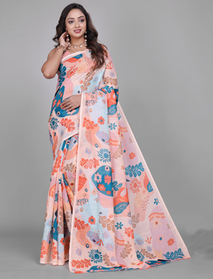 HouseOfCommon Printed Kanjivaram Pure Cotton, Cotton Linen Saree(Pink)