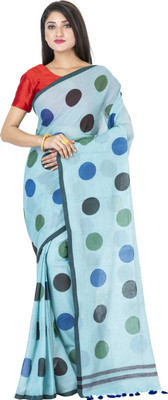 SAYAN CREATION Polka Print Handloom Pure Cotton Saree(Blue)