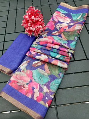 PRTRENDZ Printed Kanjivaram Pure Cotton, Cotton Linen Saree(Multicolor)