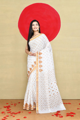 maa textile Woven Handloom Pure Cotton Saree(White)