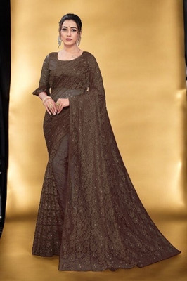 NexxaFashion Self Design Bollywood Net Saree(Brown)