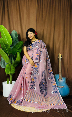 Pasum's Self Design, Embroidered, Woven, Floral Print Jamdani Cotton Silk Saree(Light Blue)