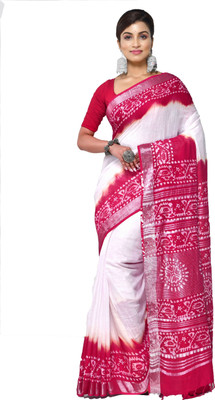 crochetin Self Design Handloom Handloom Cotton Linen Saree(Pink, White)