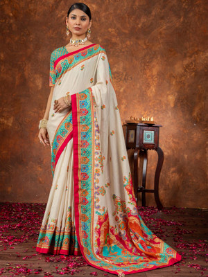 ANOUK Printed Daily Wear Silk Blend Saree(Cream)