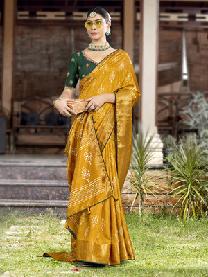 Tasrika Printed Banarasi Silk Blend Saree(Mustard)
