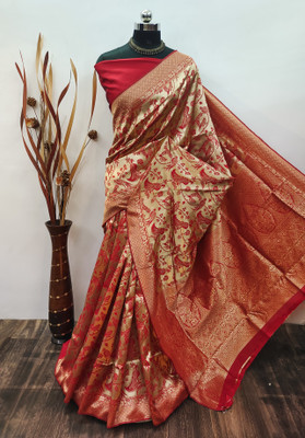 Pritam Embellished Banarasi Silk Blend Saree(Red)