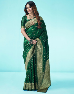Samah Woven, Embellished Banarasi Silk Blend Saree(Green, Gold)