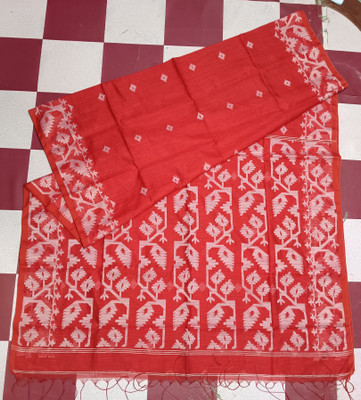 sahatextiledam Self Design Jamdani Cotton Blend Saree(Red)