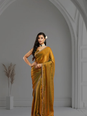 PINYFASHION Solid/Plain Bollywood Chiffon Saree(Gold)
