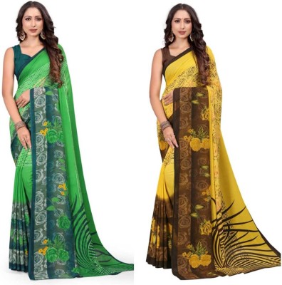 NANCY HUB Floral Print Bollywood Georgette Saree(Green, Yellow)