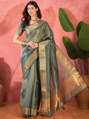 ShopGlobal Woven Banarasi Khadi Saree(Green)