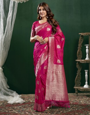 Samah Woven, Embellished, Self Design Patola Silk Blend Saree(Pink, Gold)