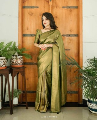 KAVYA ENTERPRISE Printed Kanjivaram Silk Blend Saree(Green)