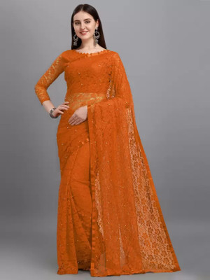Nilkanthvarni Creation Self Design Bollywood Net Saree(Orange)
