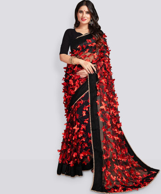 indian youth Self Design Bollywood Net Saree(Red, Black)