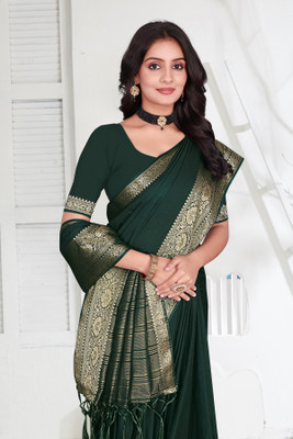 Aarunika MNT Solid/Plain Bollywood Pure Silk Saree(Dark Green)