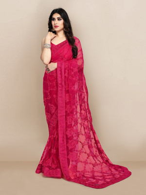 JIVI CLOTHING Solid/Plain, Embroidered Bollywood Net Saree(Pink)