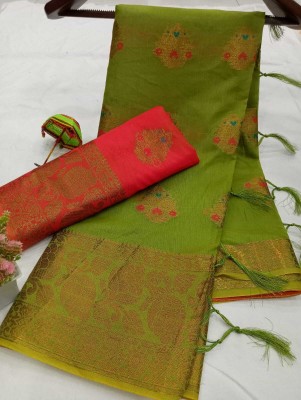 MAANVIT Woven Kanjivaram Cotton Silk, Pure Cotton Saree(Green)