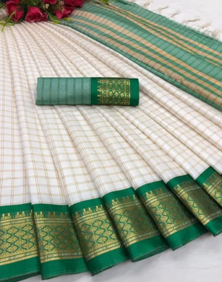 JbWorld Checkered, Woven Gadwal Cotton Silk, Pure Silk Saree(White, Green)