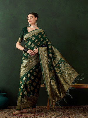 Sangria Woven, Self Design Banarasi Silk Blend, Jacquard Saree(Green)
