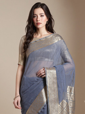 Sareemall Woven Banarasi Linen Saree(Blue)