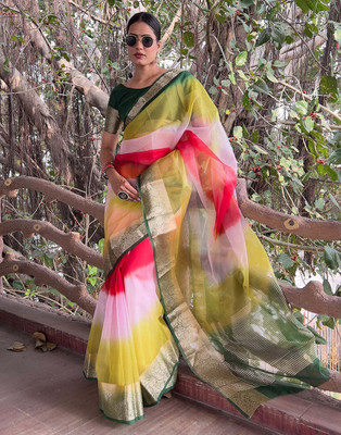 KOTHARI BS Solid/Plain Bandhani Organza Saree(Green)
