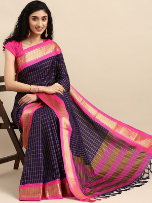 KCF Checkered Handloom Cotton Silk Saree(Dark Blue)