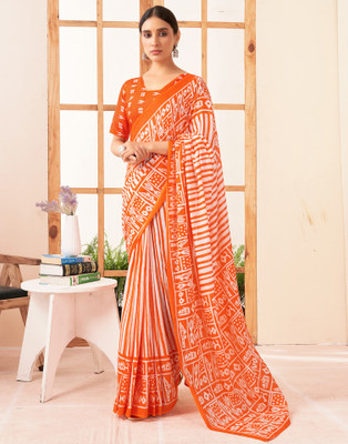 all about you Printed Handloom Pure Cotton Saree(Orange, White)