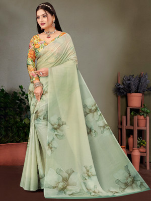 Tasrika Printed Hand Batik Georgette Saree(Light Green)
