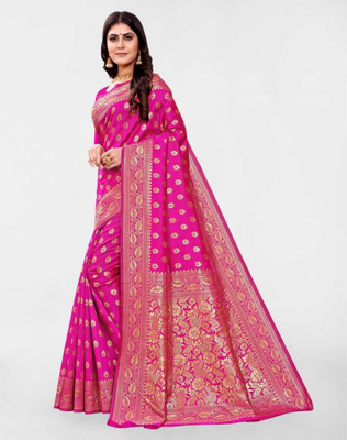 Samah Woven, Embellished Banarasi Silk Blend Saree(Pink, Gold)