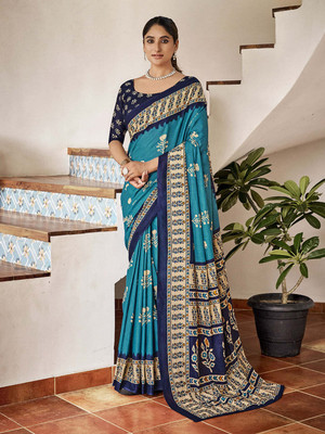 FASHION STROM Printed Bollywood Cotton Blend Saree(Blue)