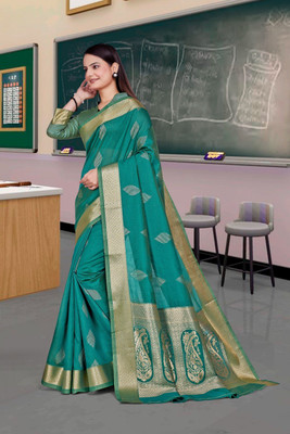 Feminista Self Design, Woven Daily Wear Cotton Silk Saree(Green)