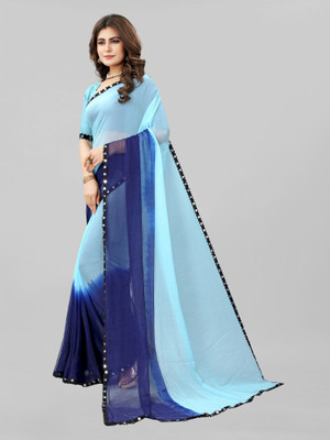A To Z Cart Hand Painted Bollywood Chiffon Saree(Blue, Light Blue)