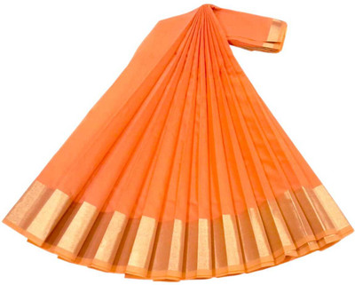 sri amman sarees Solid/Plain Handloom Cotton Silk Saree(Orange)