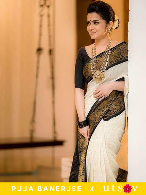 Divastri Self Design Banarasi Silk Blend Saree(White)