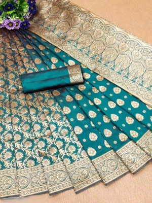 Omsaiarts Woven Kasavu Silk Blend Saree(Light Green, Green)