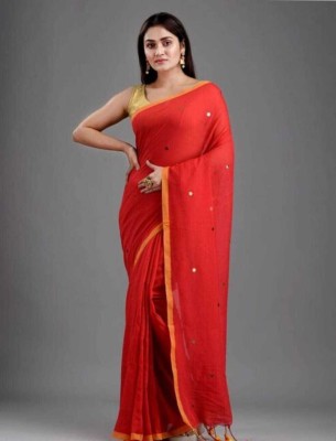 GHOSH TEXTILE Embellished Handloom Pure Cotton Saree(Red)