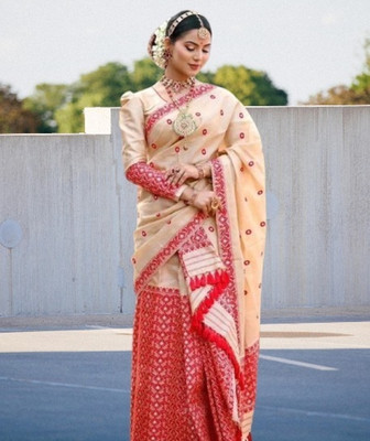 ROSEVILLA Applique Mekhela Chador Silk Blend Saree(Cream)