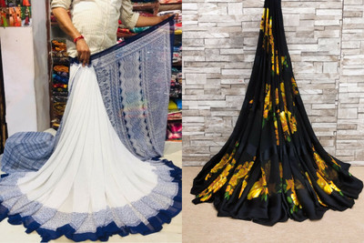 Sitanjali Polka Print Bollywood Georgette Saree(Pack of 2, Dark Blue)