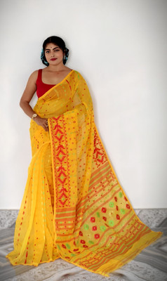 Mahalder Textile Self Design Jamdani Cotton Blend Saree(Yellow)