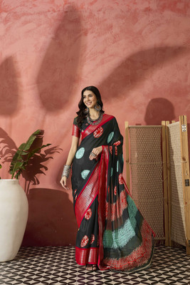 Sangria Printed Saree with Attached Blouse Silk Blend Saree(Black)