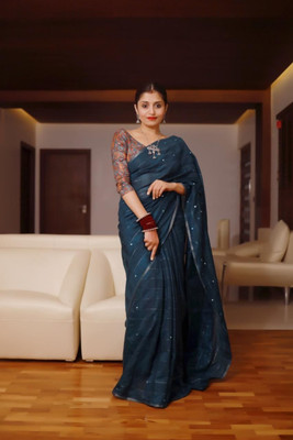 Dhanlaxmi CreationLLP Applique, Embroidered, Self Design Bollywood Linen Saree(Light Blue)