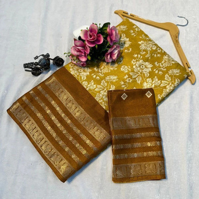 Karnav Fashion Printed, Floral Print Bollywood Art Silk, Silk Blend Saree(Yellow)