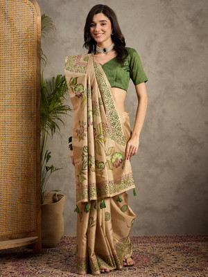 Tasrika Printed Banarasi Silk Blend Saree(Beige)