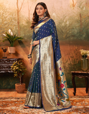 Samah Woven, Embellished Paithani Silk Blend Saree(Blue)