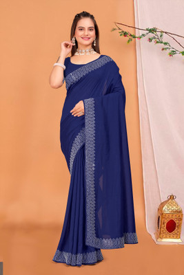 HouseOfCommon Solid/Plain Bollywood Georgette Saree(Dark Blue)