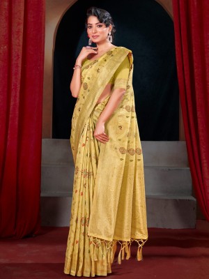 BUNAWAT Woven Daily Wear Silk Blend Saree(Yellow)